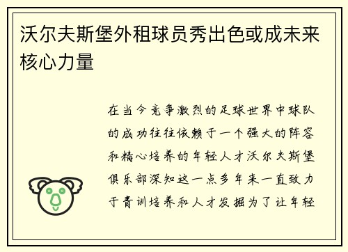 沃尔夫斯堡外租球员秀出色或成未来核心力量